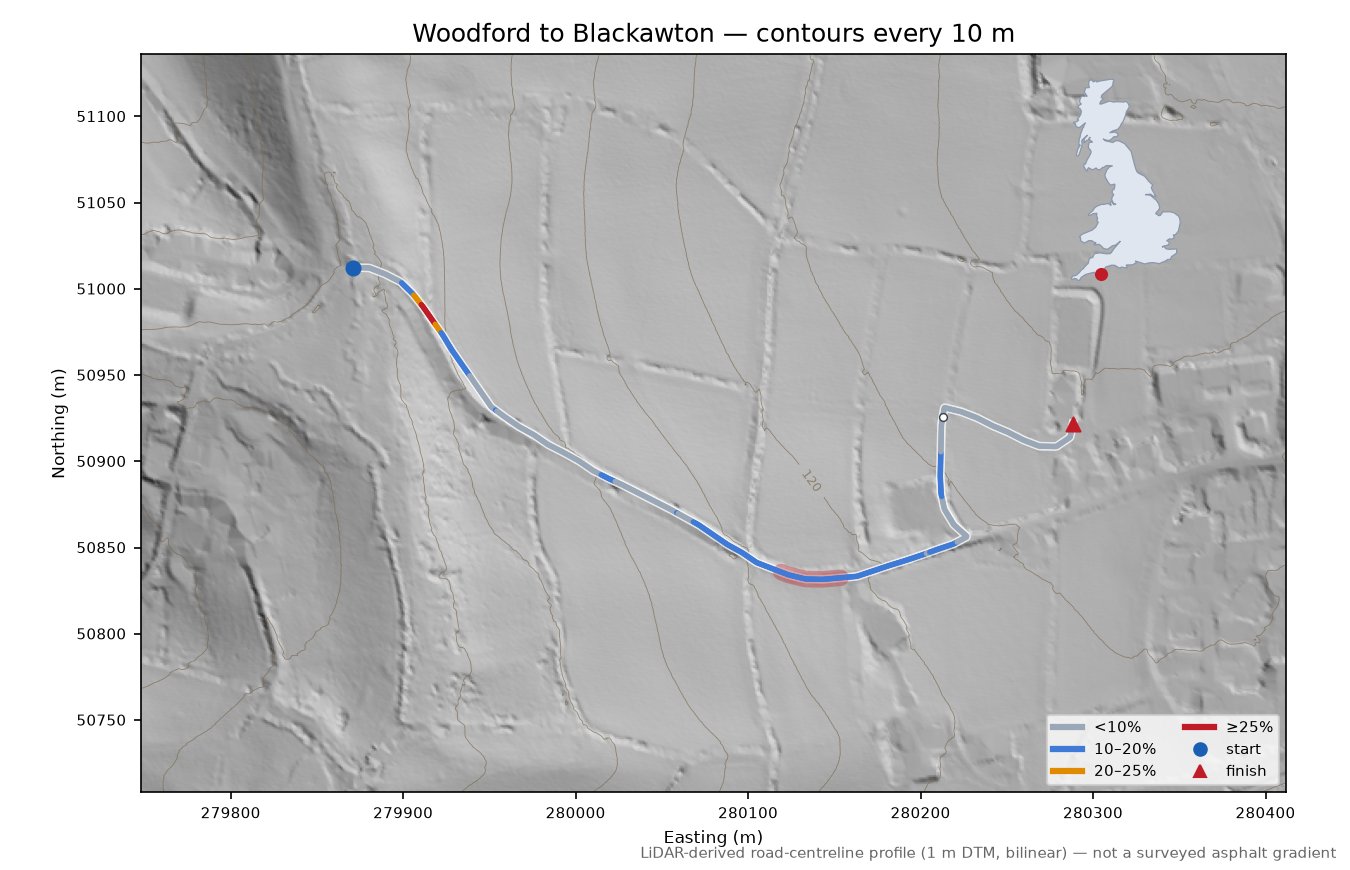 Woodford to Blackawton LiDAR hillshade map with contours