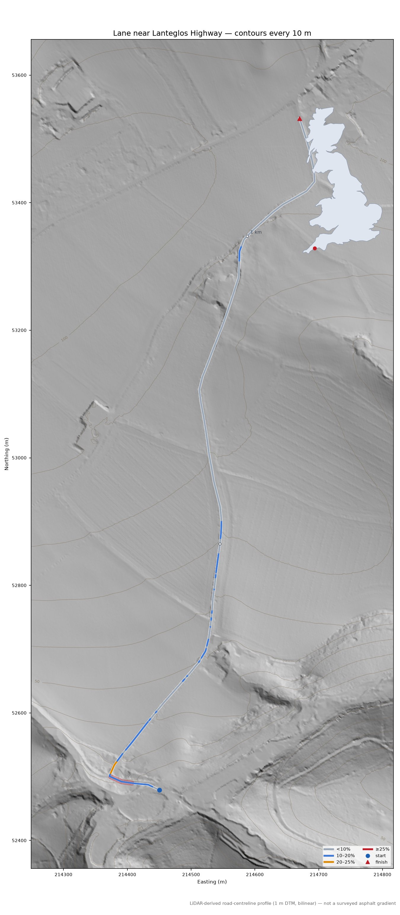 Lane near Lanteglos Highway LiDAR hillshade map with contours