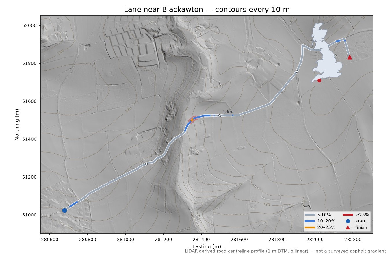 Lane near Blackawton LiDAR hillshade map with contours