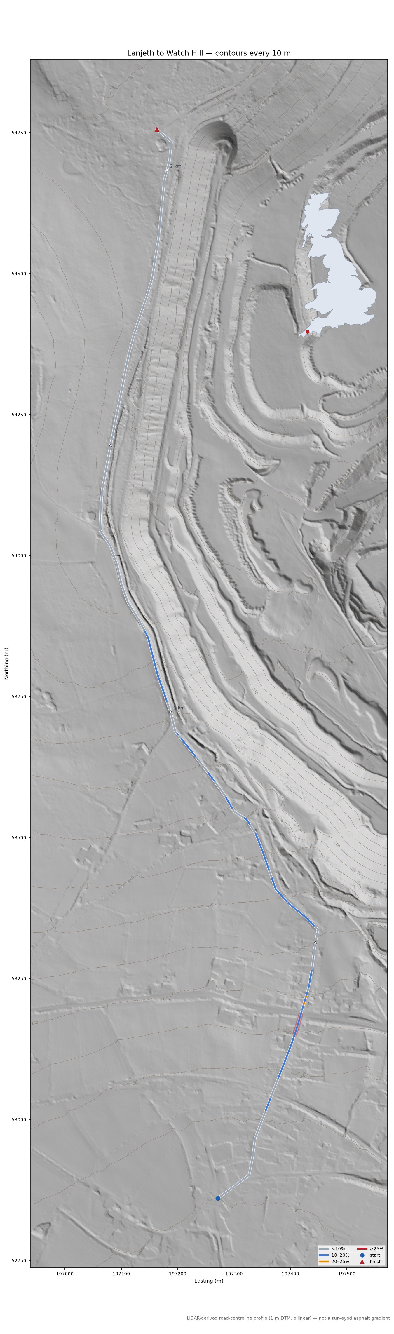 Lanjeth to Watch Hill LiDAR hillshade map with contours