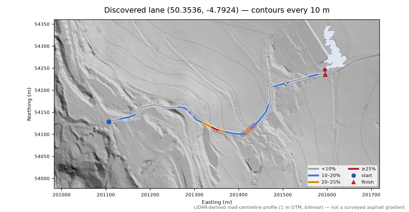 Discovered lane (50.3536, -4.7924) LiDAR hillshade map with contours