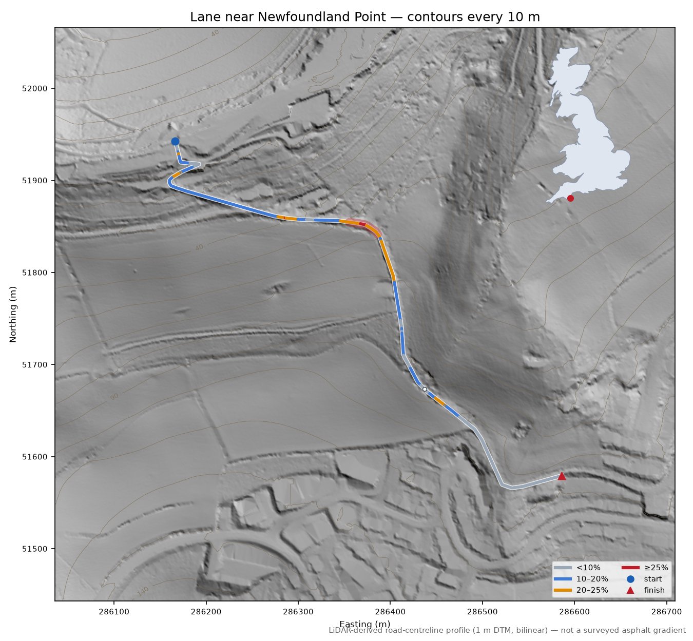 Lane near Newfoundland Point LiDAR hillshade map with contours