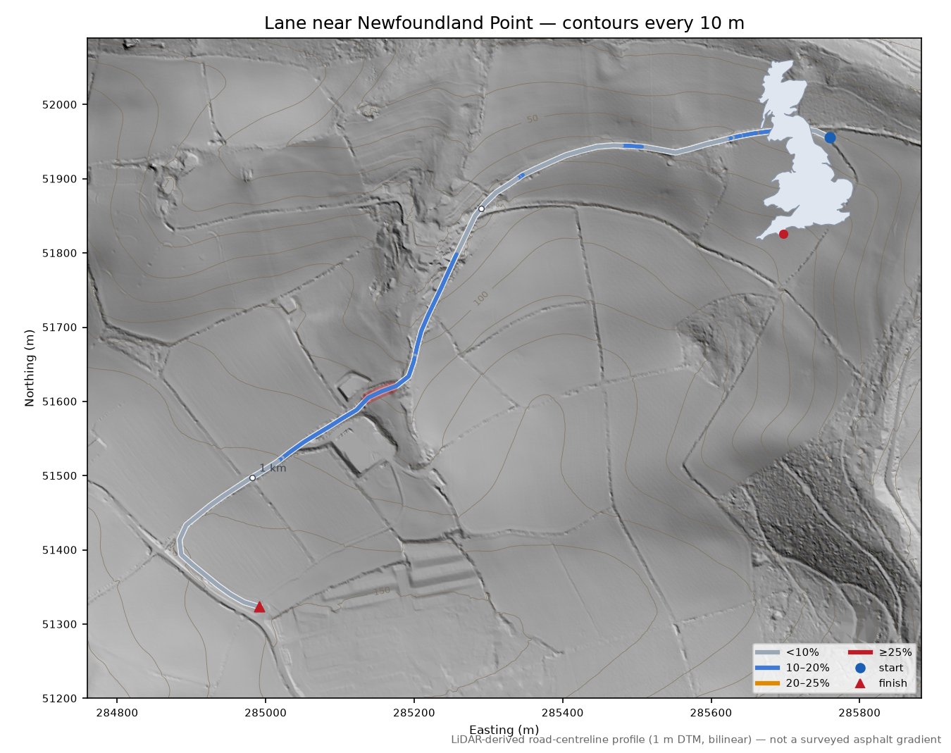 Lane near Newfoundland Point LiDAR hillshade map with contours