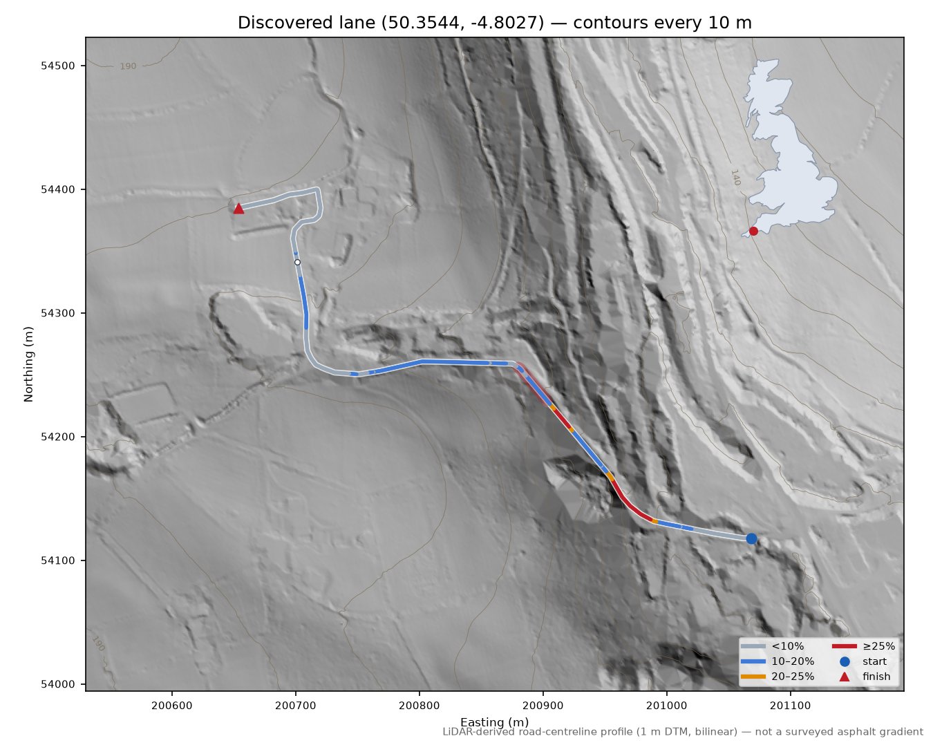Discovered lane (50.3544, -4.8027) LiDAR hillshade map with contours
