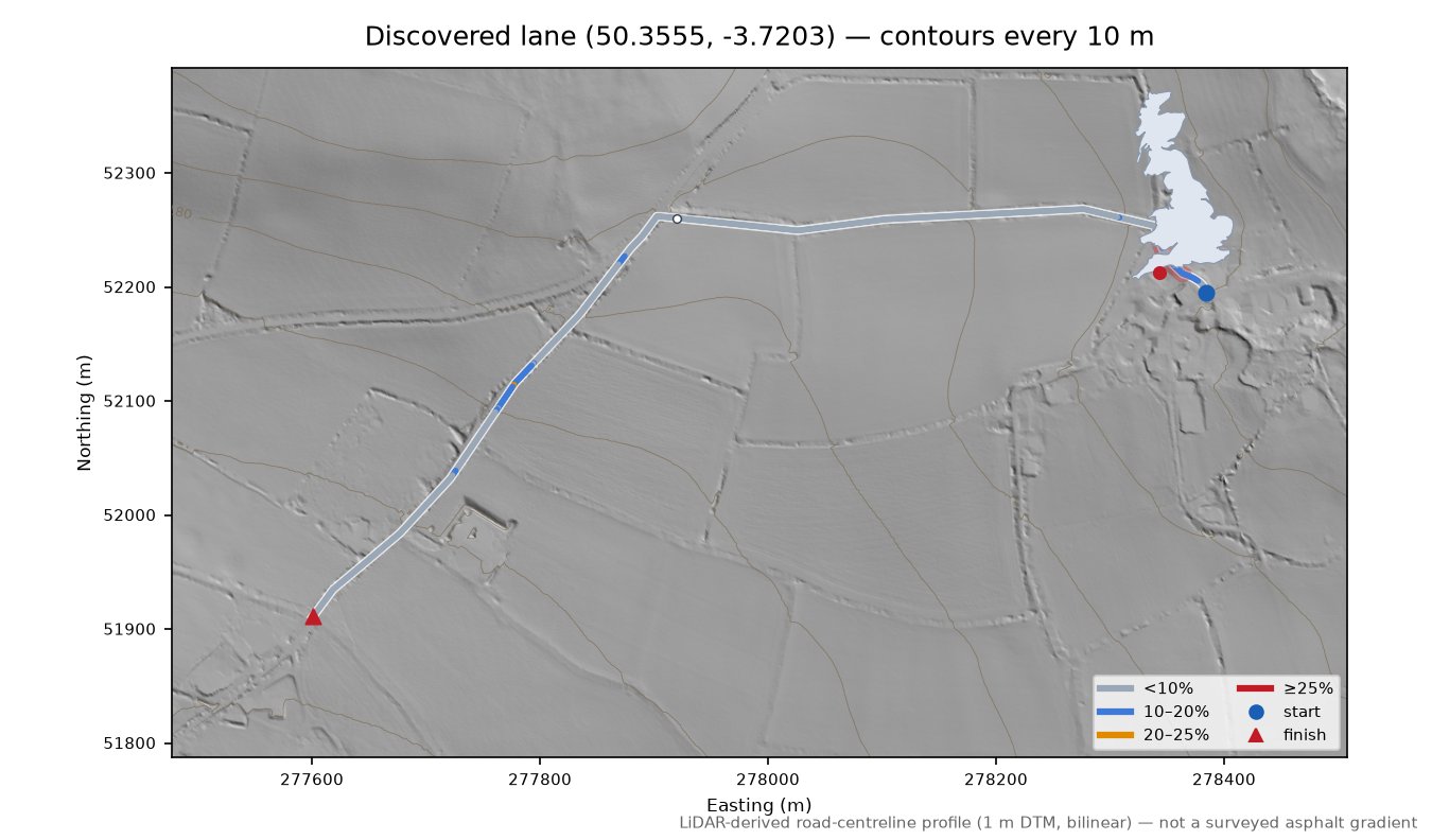 Discovered lane (50.3555, -3.7203) LiDAR hillshade map with contours