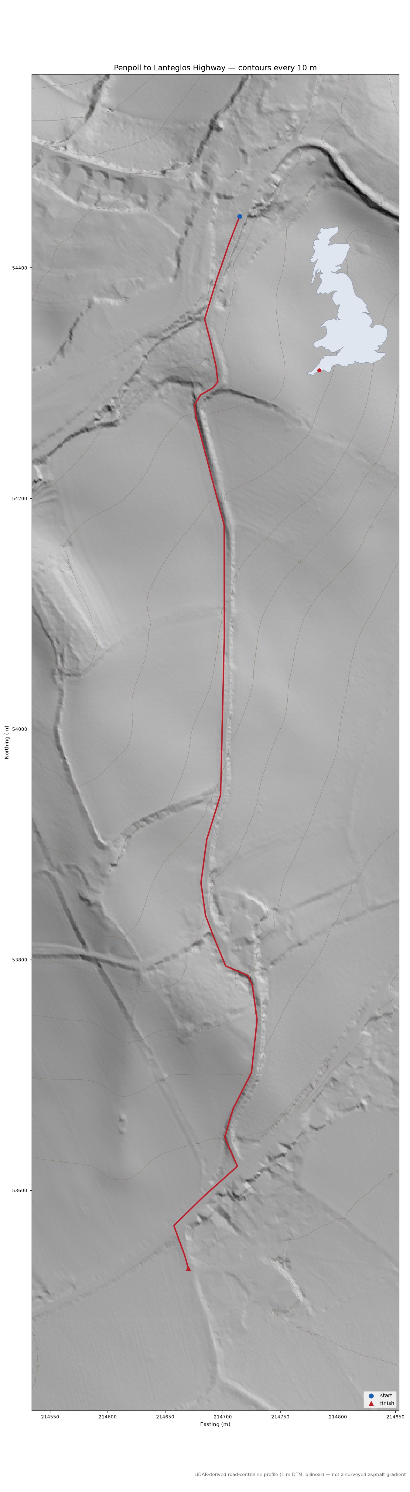 Penpoll to Lanteglos Highway LiDAR hillshade map with contours