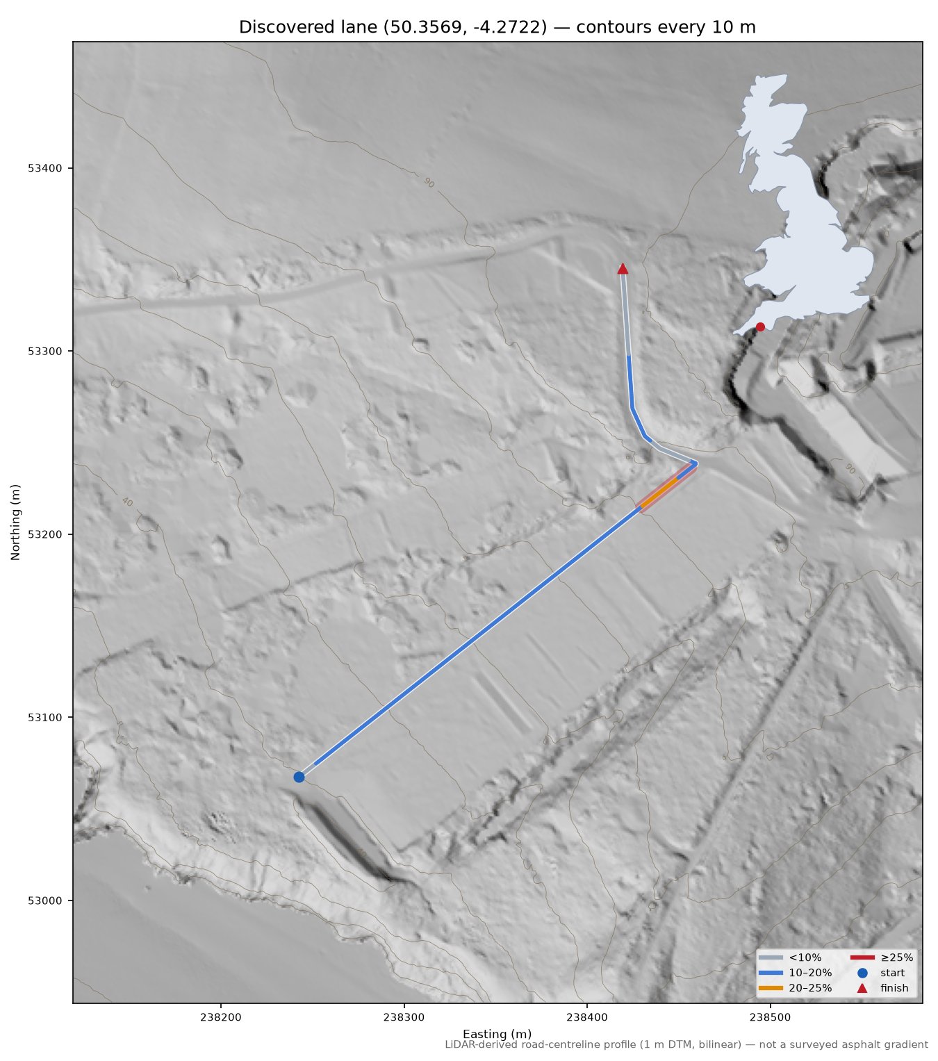 Discovered lane (50.3569, -4.2722) LiDAR hillshade map with contours