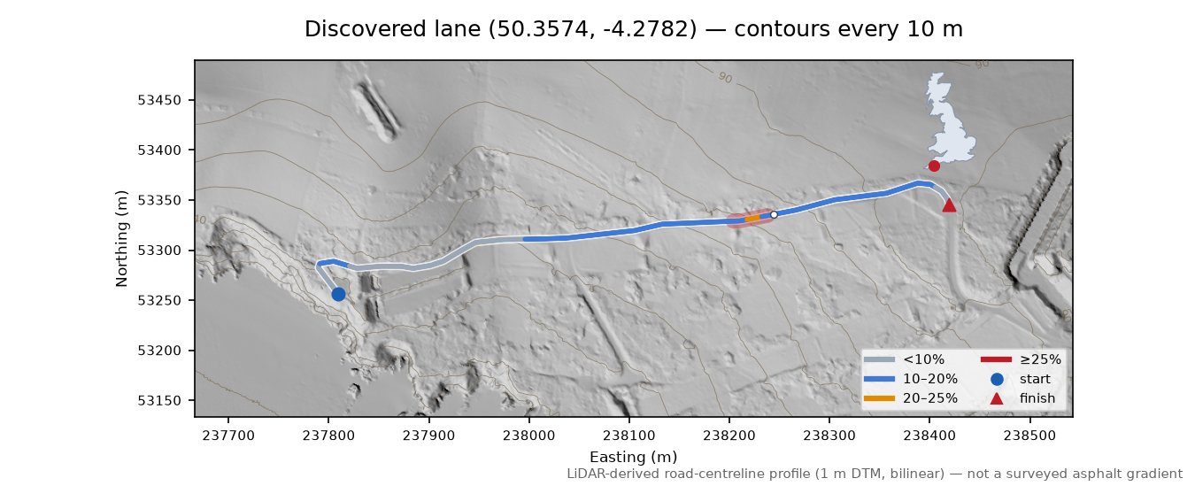 Discovered lane (50.3574, -4.2782) LiDAR hillshade map with contours