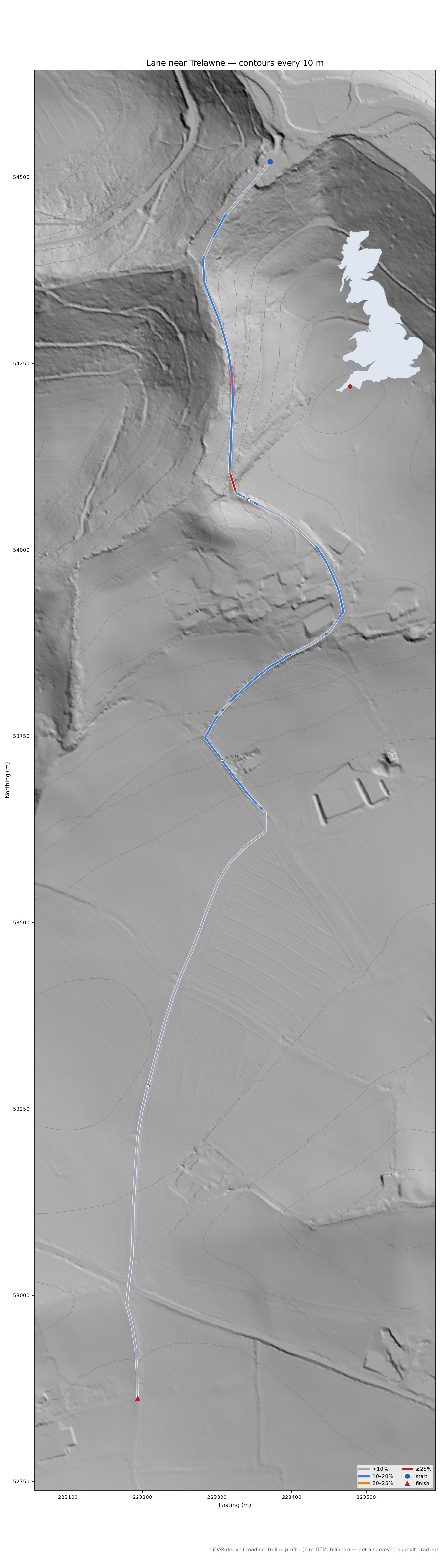 Lane near Trelawne LiDAR hillshade map with contours