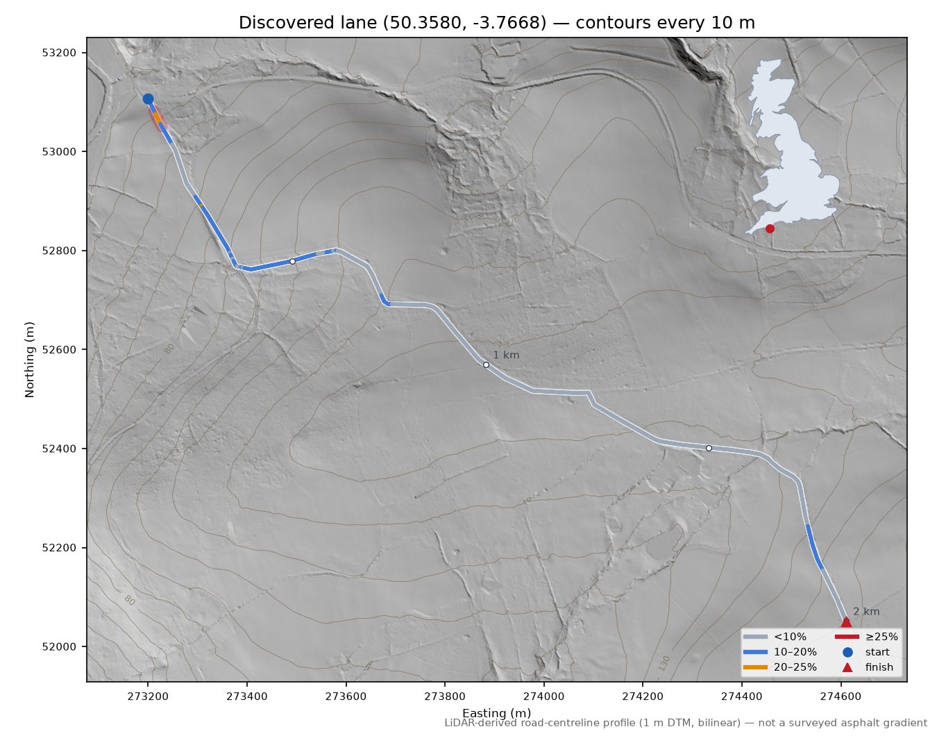 Discovered lane (50.3580, -3.7668) LiDAR hillshade map with contours