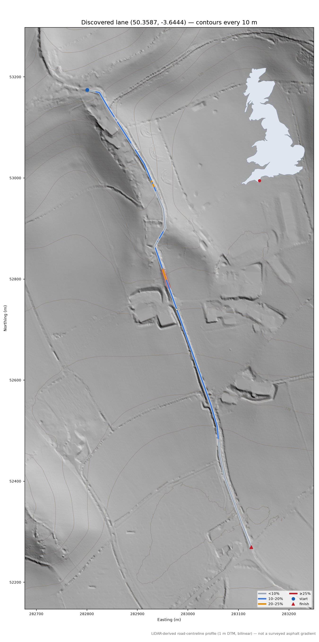Discovered lane (50.3587, -3.6444) LiDAR hillshade map with contours