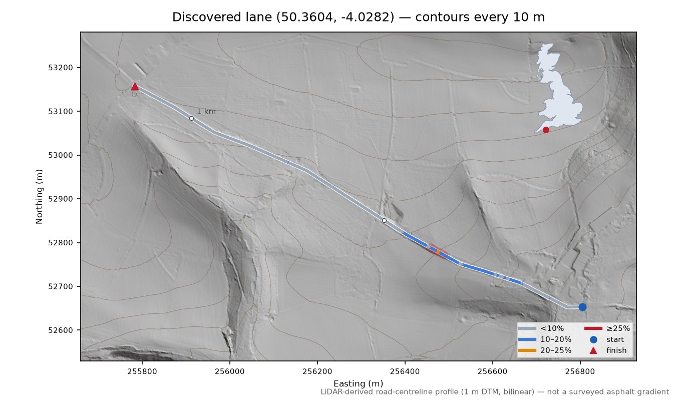 Discovered lane (50.3604, -4.0282) LiDAR hillshade map with contours