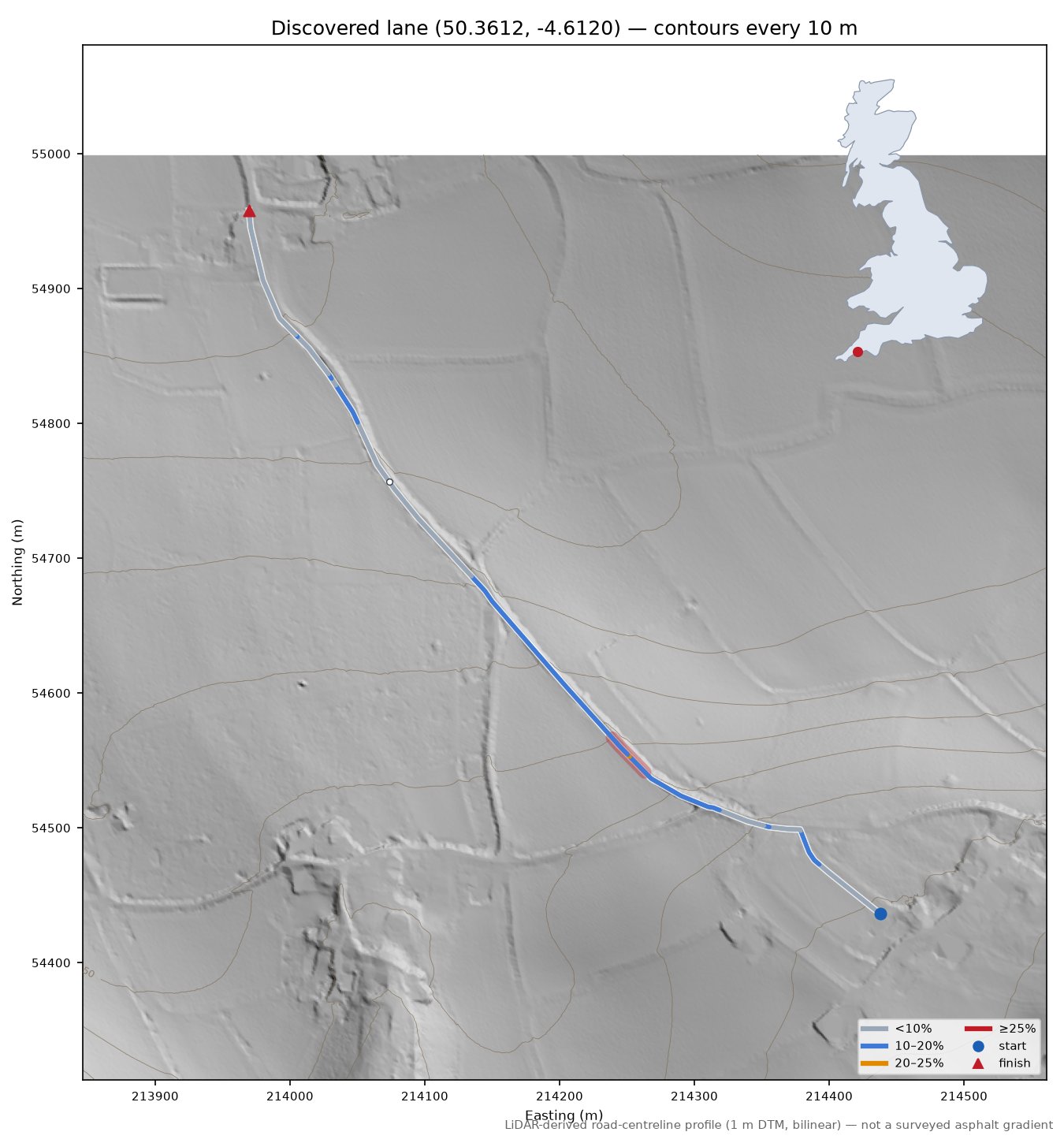 Discovered lane (50.3612, -4.6120) LiDAR hillshade map with contours