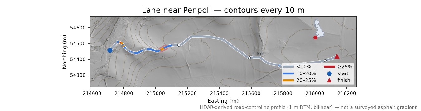 Lane near Penpoll LiDAR hillshade map with contours
