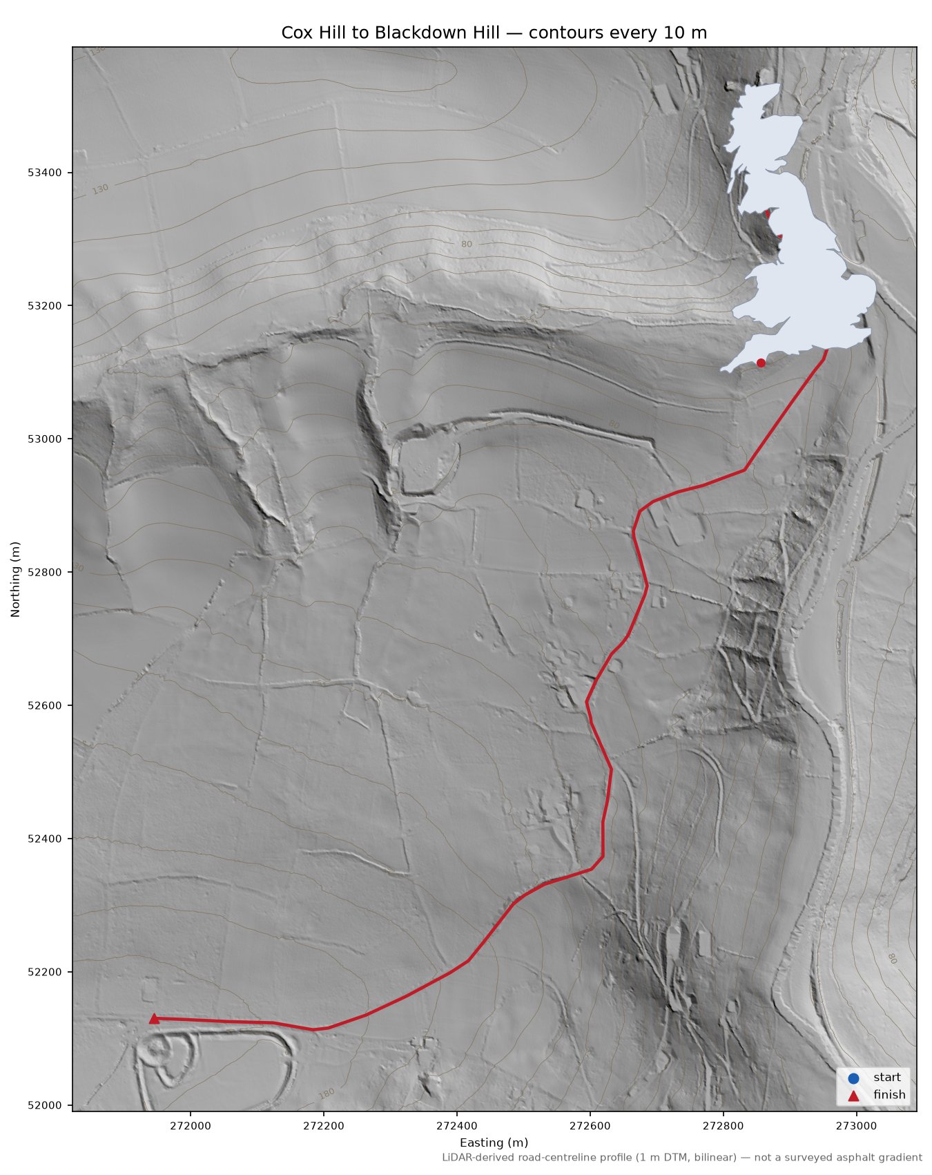 Cox Hill to Blackdown Hill LiDAR hillshade map with contours