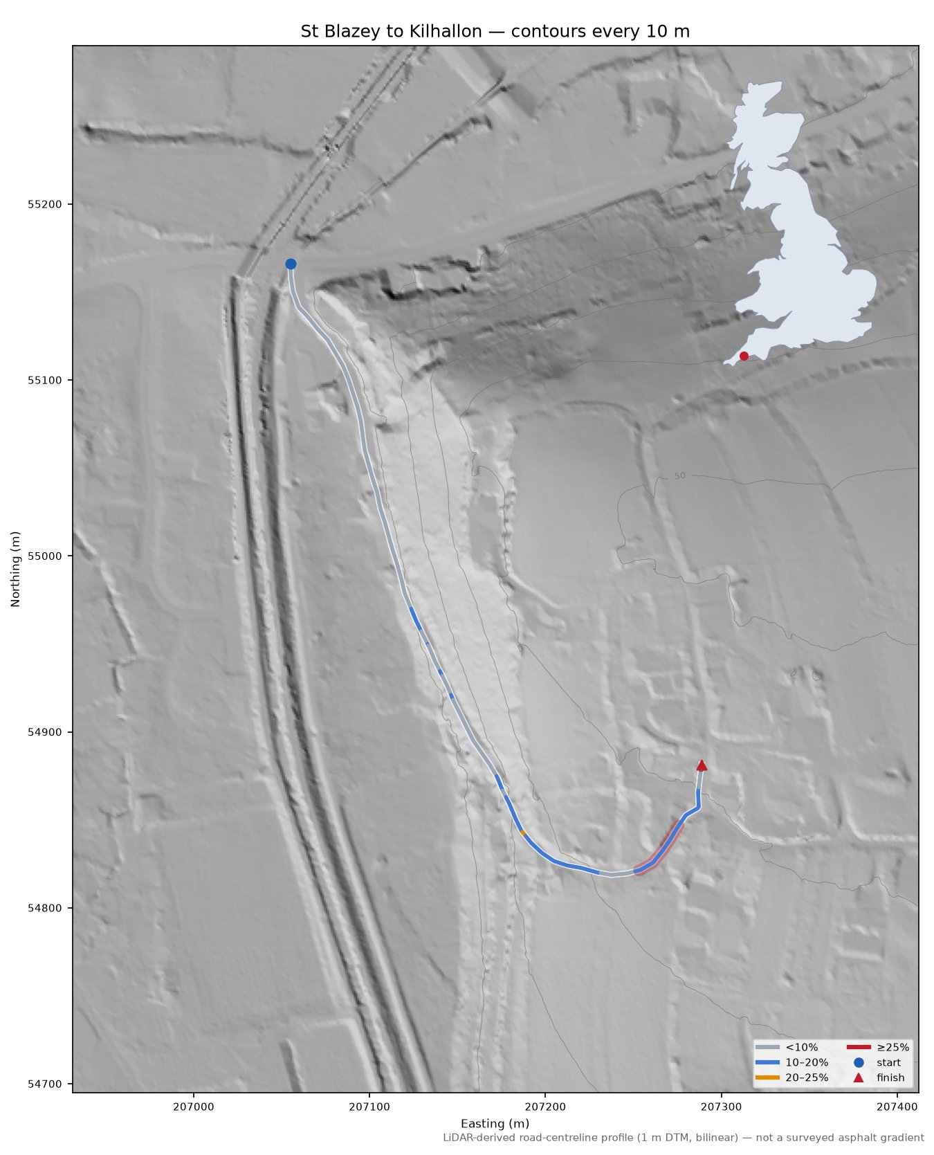 St Blazey to Kilhallon LiDAR hillshade map with contours