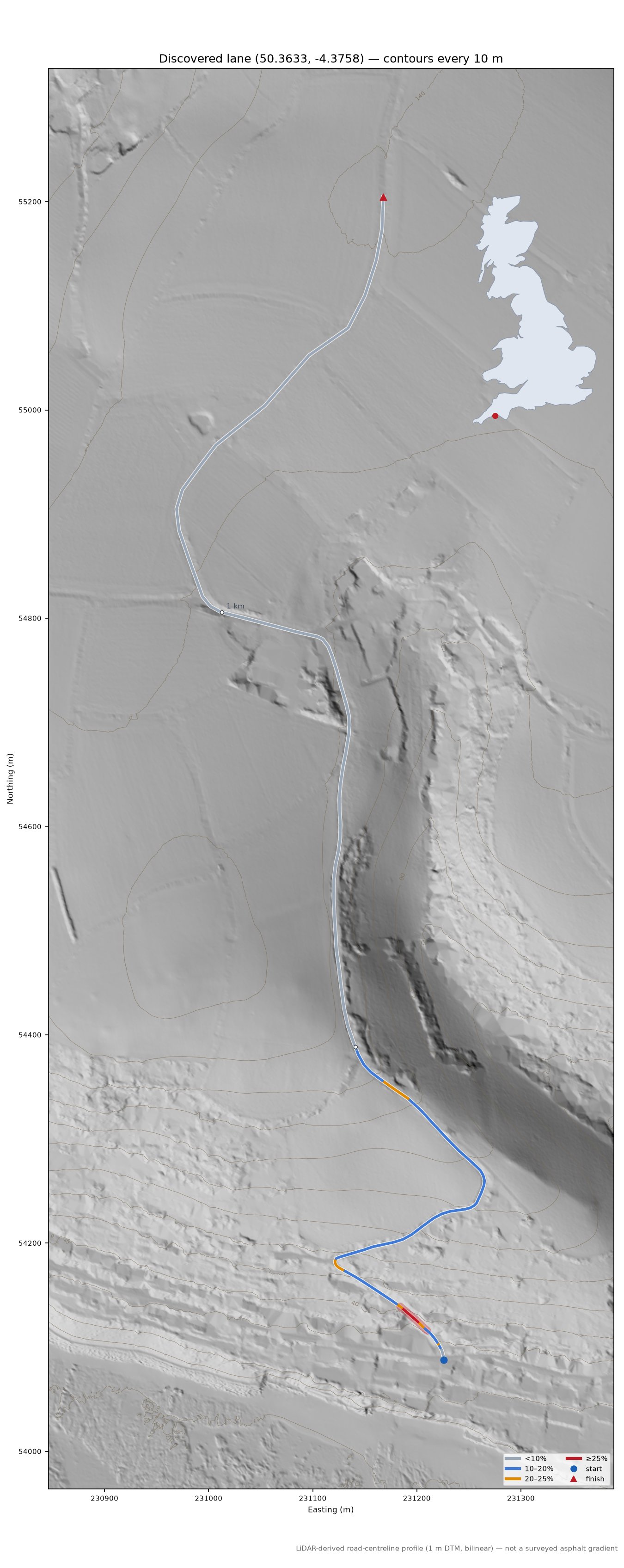 Discovered lane (50.3633, -4.3758) LiDAR hillshade map with contours
