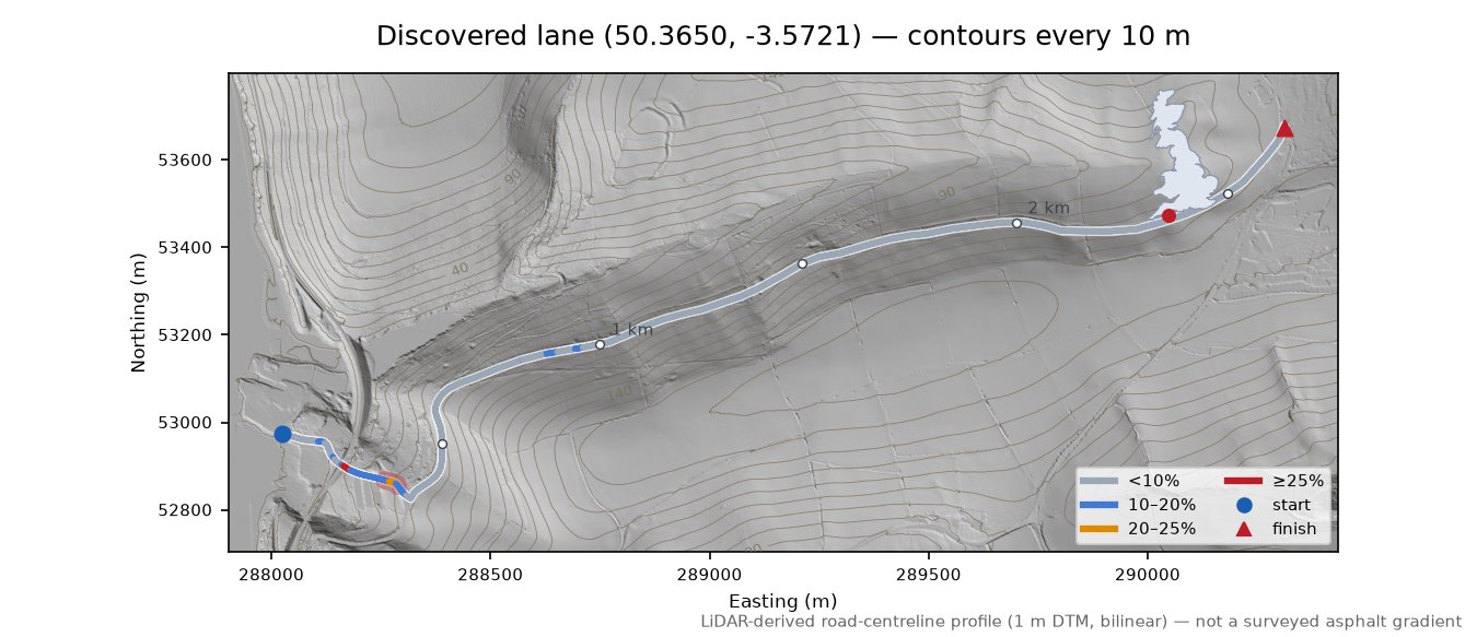 Discovered lane (50.3650, -3.5721) LiDAR hillshade map with contours