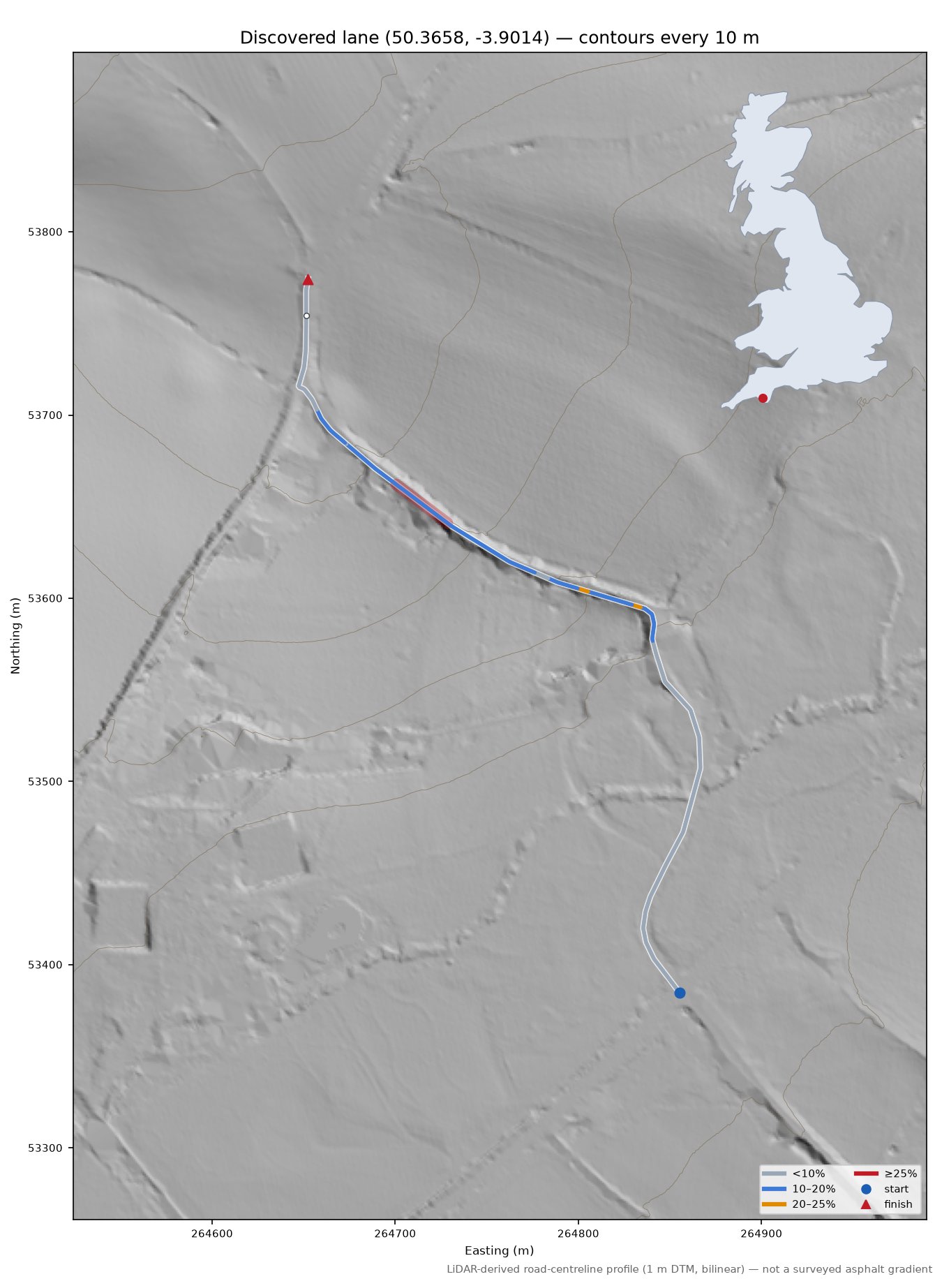 Discovered lane (50.3658, -3.9014) LiDAR hillshade map with contours