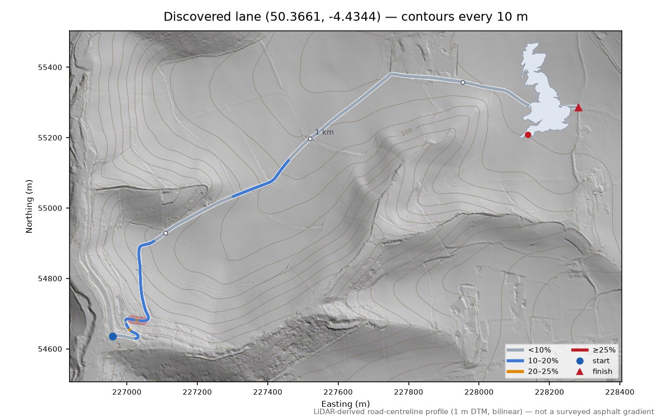 Discovered lane (50.3661, -4.4344) LiDAR hillshade map with contours