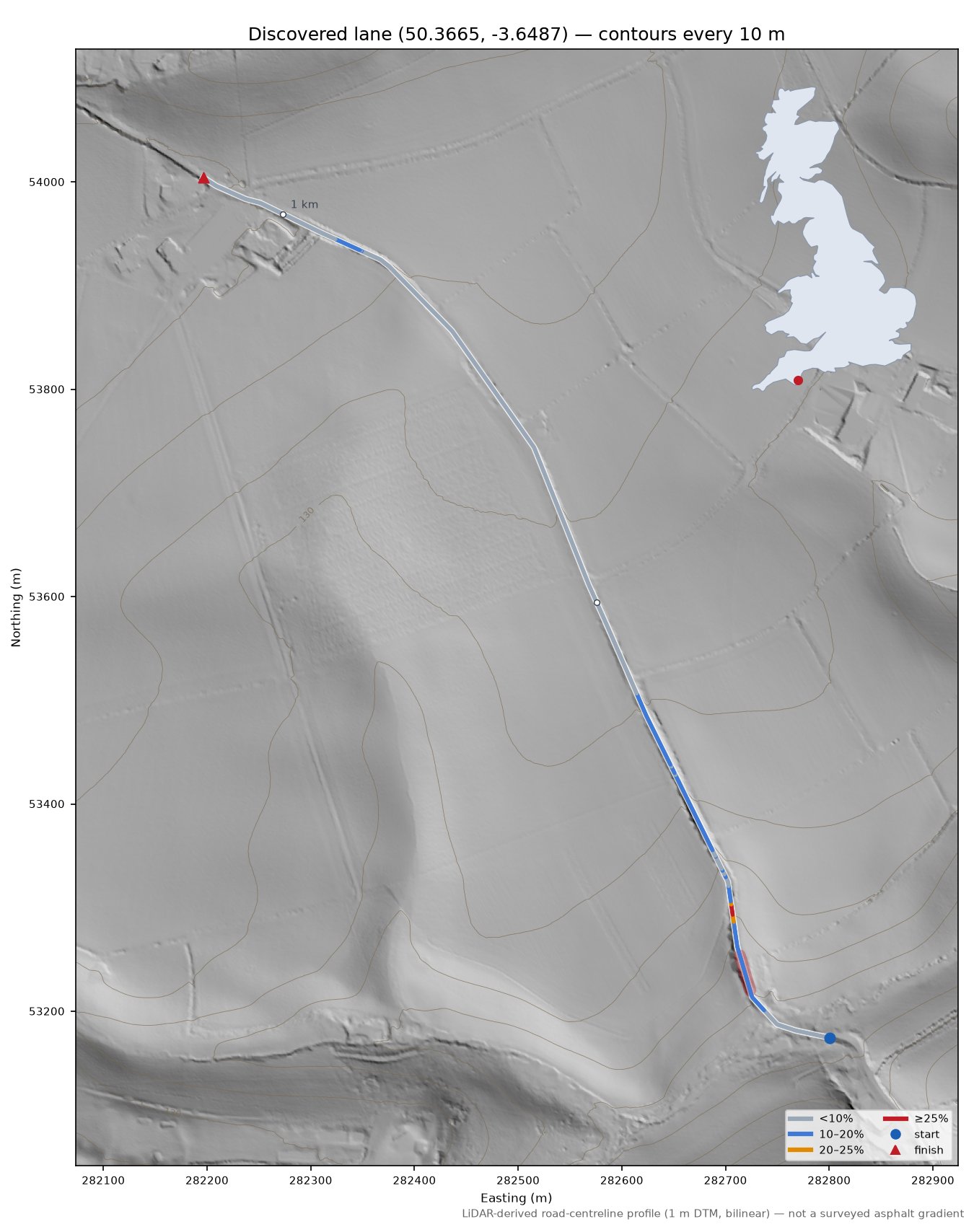 Discovered lane (50.3665, -3.6487) LiDAR hillshade map with contours