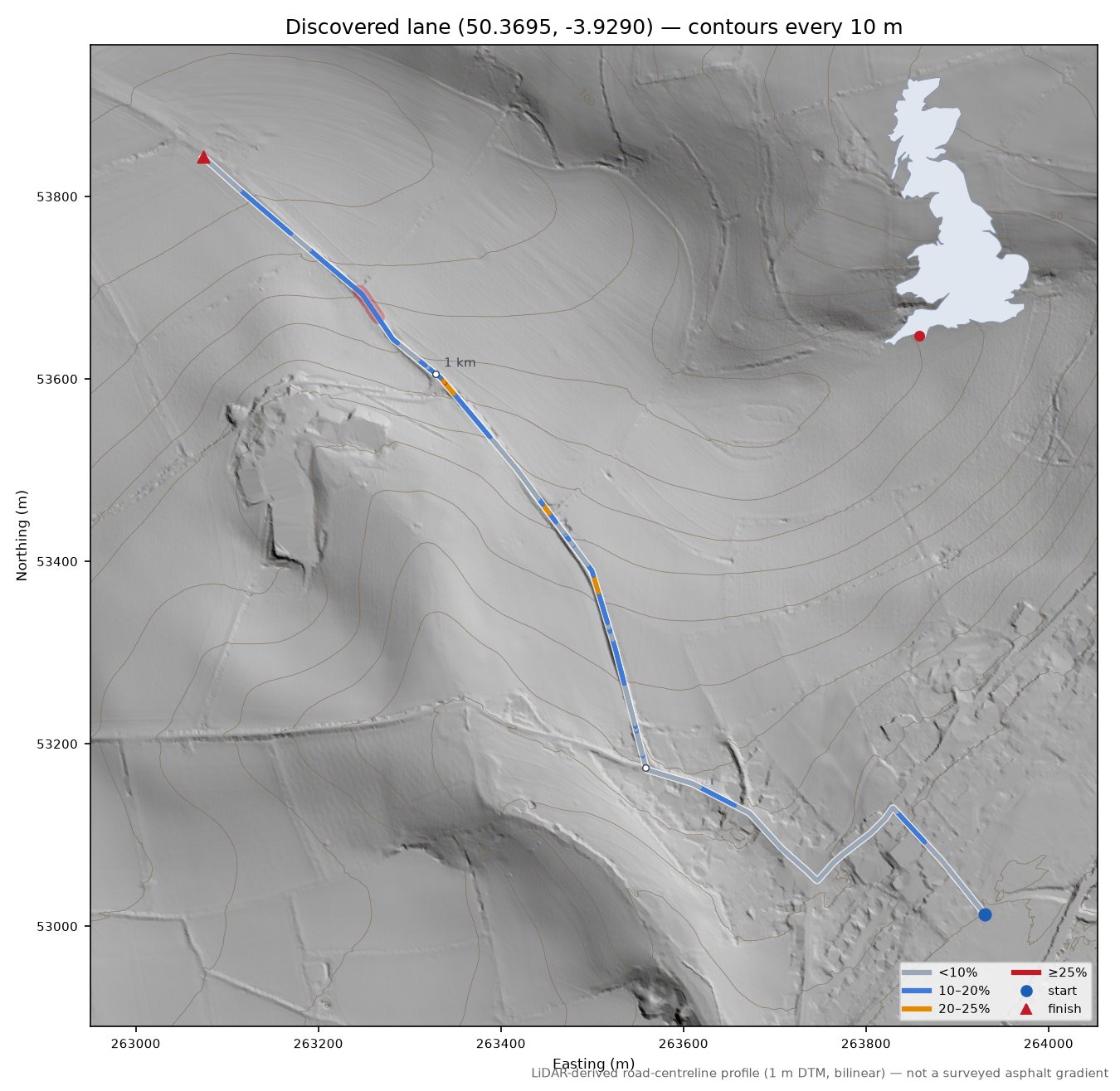 Discovered lane (50.3695, -3.9290) LiDAR hillshade map with contours