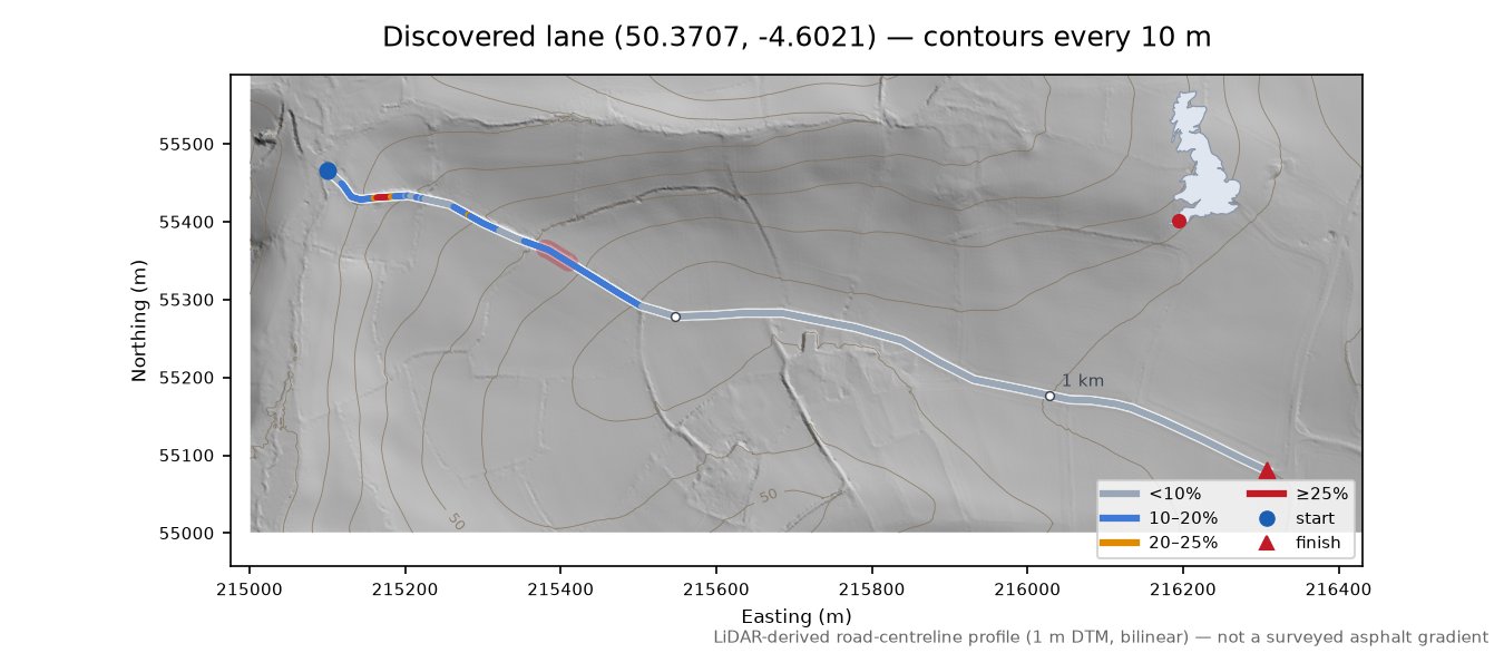 Discovered lane (50.3707, -4.6021) LiDAR hillshade map with contours