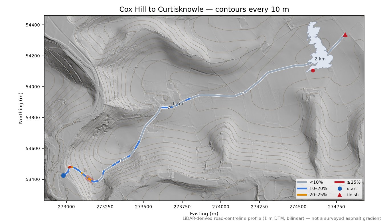 Cox Hill to Curtisknowle LiDAR hillshade map with contours