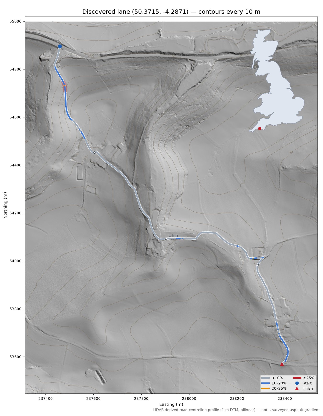Discovered lane (50.3715, -4.2871) LiDAR hillshade map with contours
