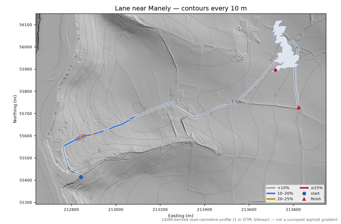 Lane near Manely LiDAR hillshade map with contours