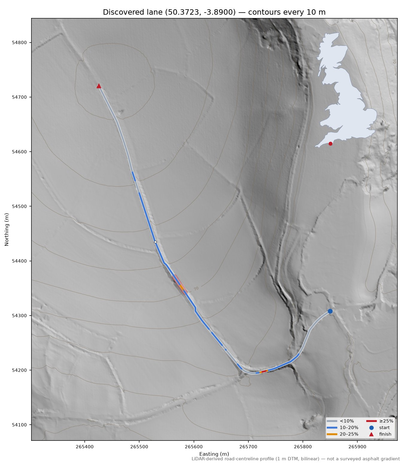 Discovered lane (50.3723, -3.8900) LiDAR hillshade map with contours