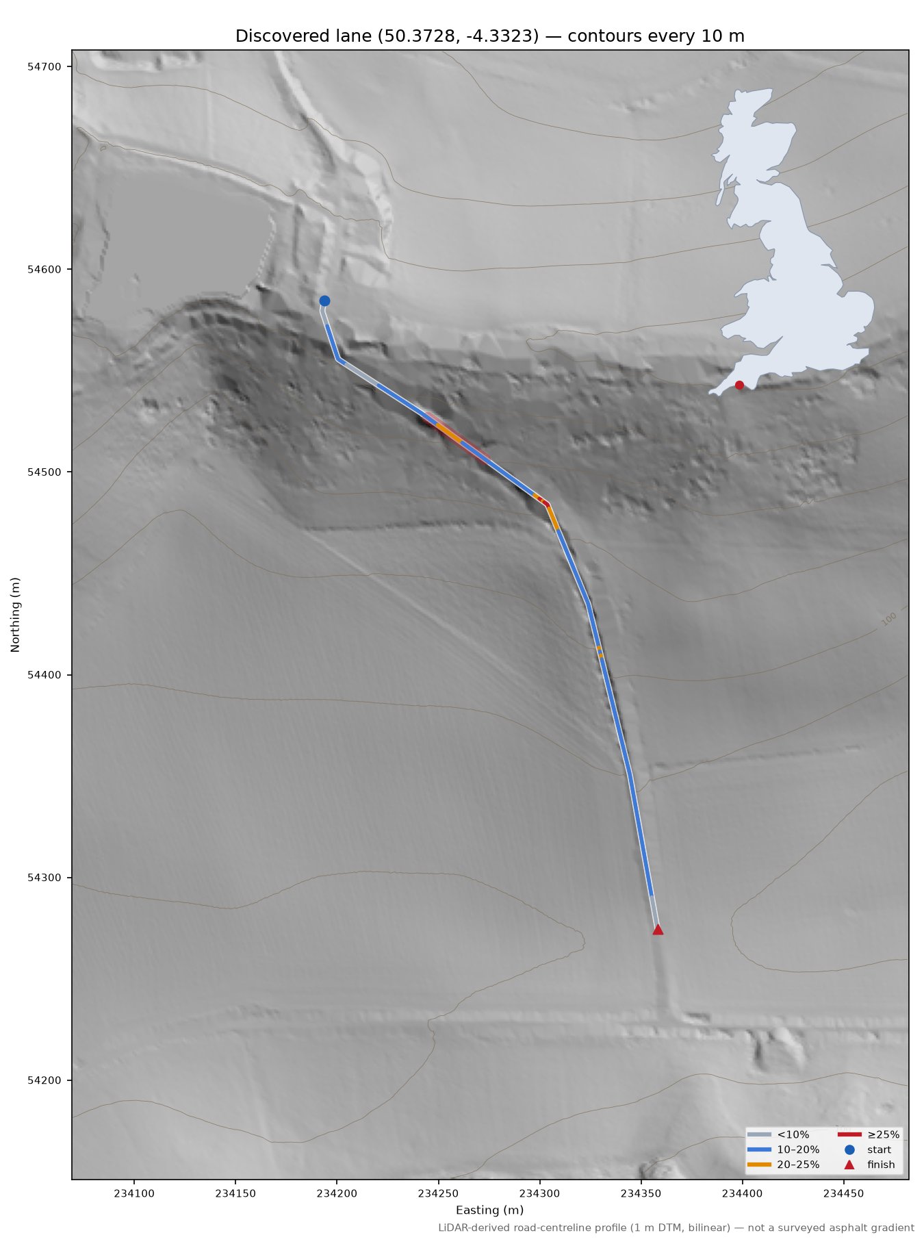 Discovered lane (50.3728, -4.3323) LiDAR hillshade map with contours