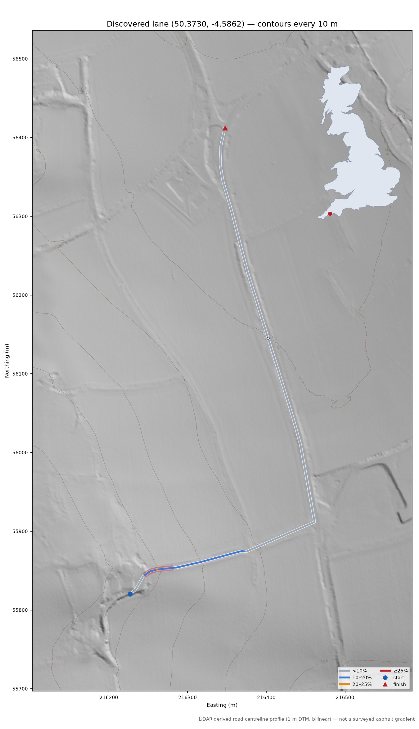 Discovered lane (50.3730, -4.5862) LiDAR hillshade map with contours