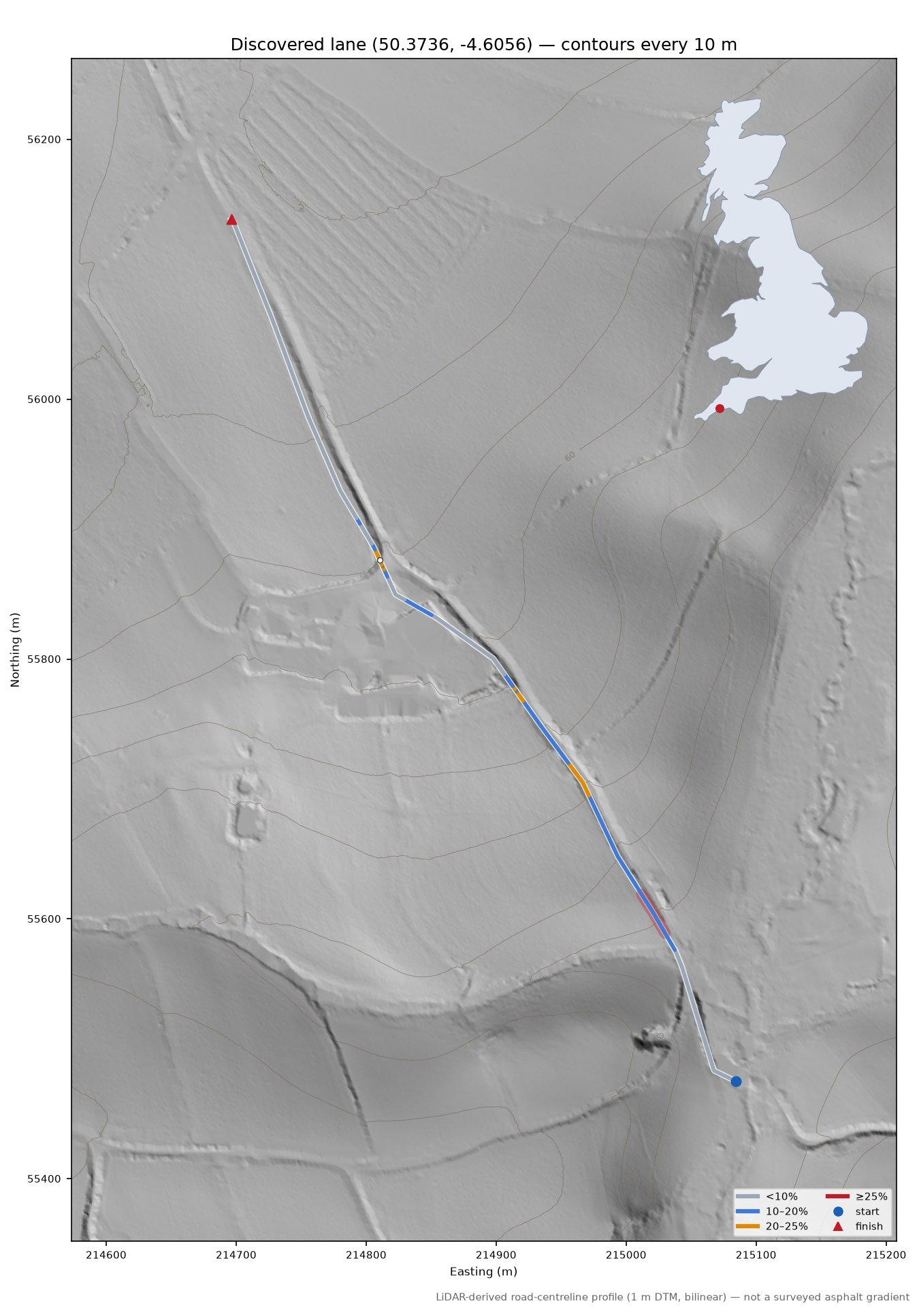 Discovered lane (50.3736, -4.6056) LiDAR hillshade map with contours