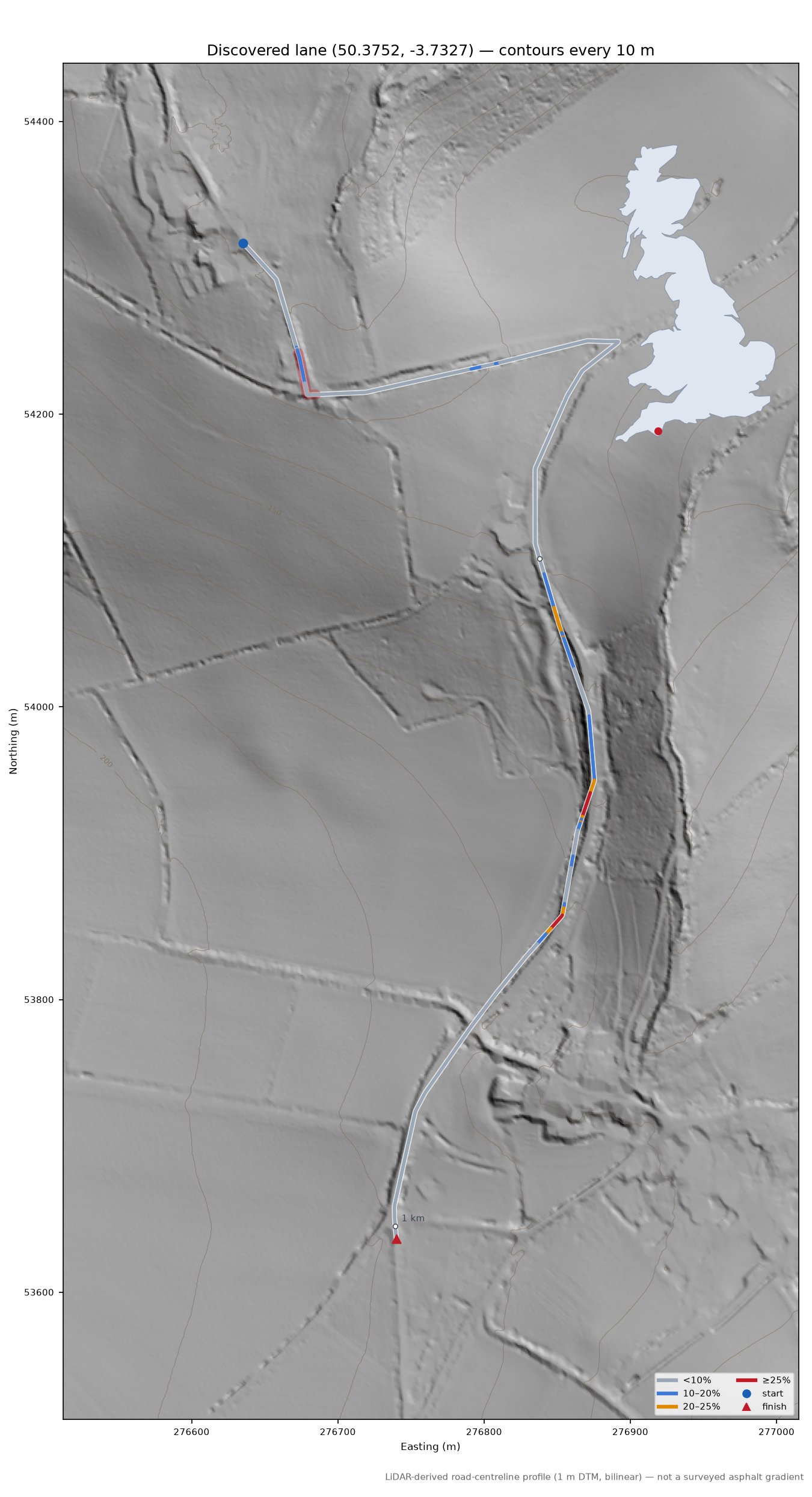 Discovered lane (50.3752, -3.7327) LiDAR hillshade map with contours