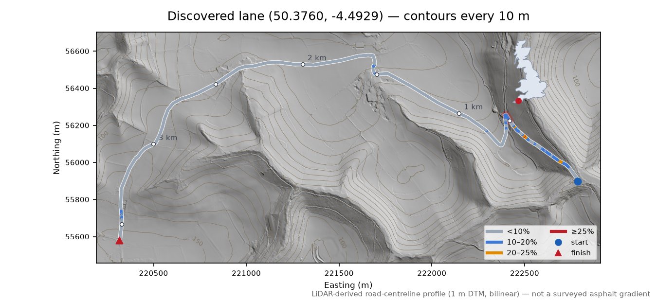 Discovered lane (50.3760, -4.4929) LiDAR hillshade map with contours