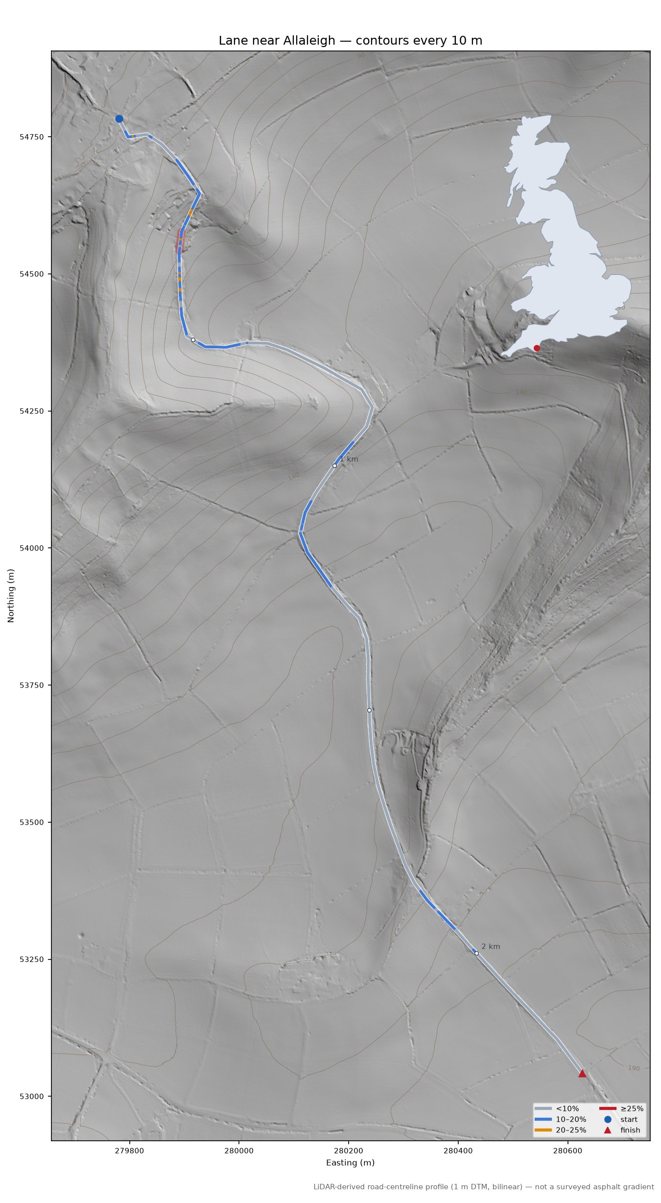 Lane near Allaleigh LiDAR hillshade map with contours