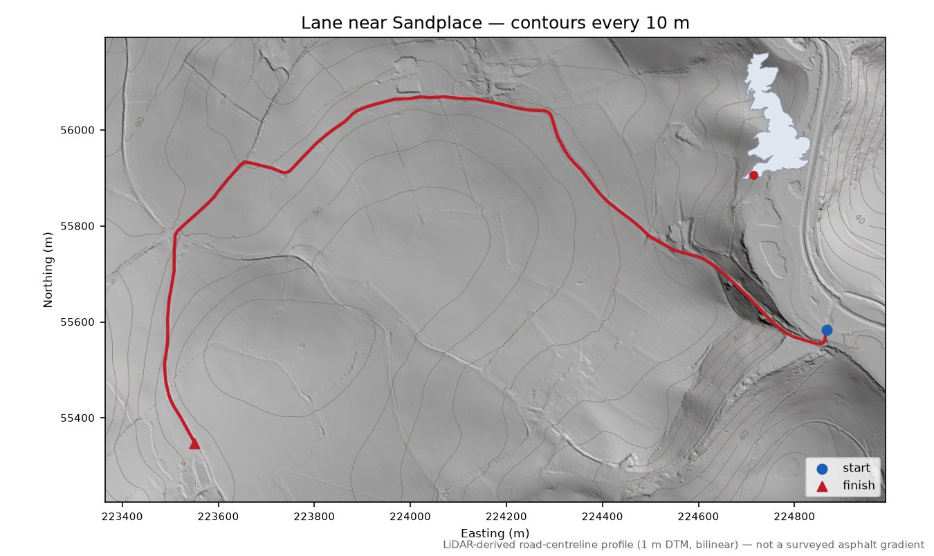 Lane near Sandplace LiDAR hillshade map with contours