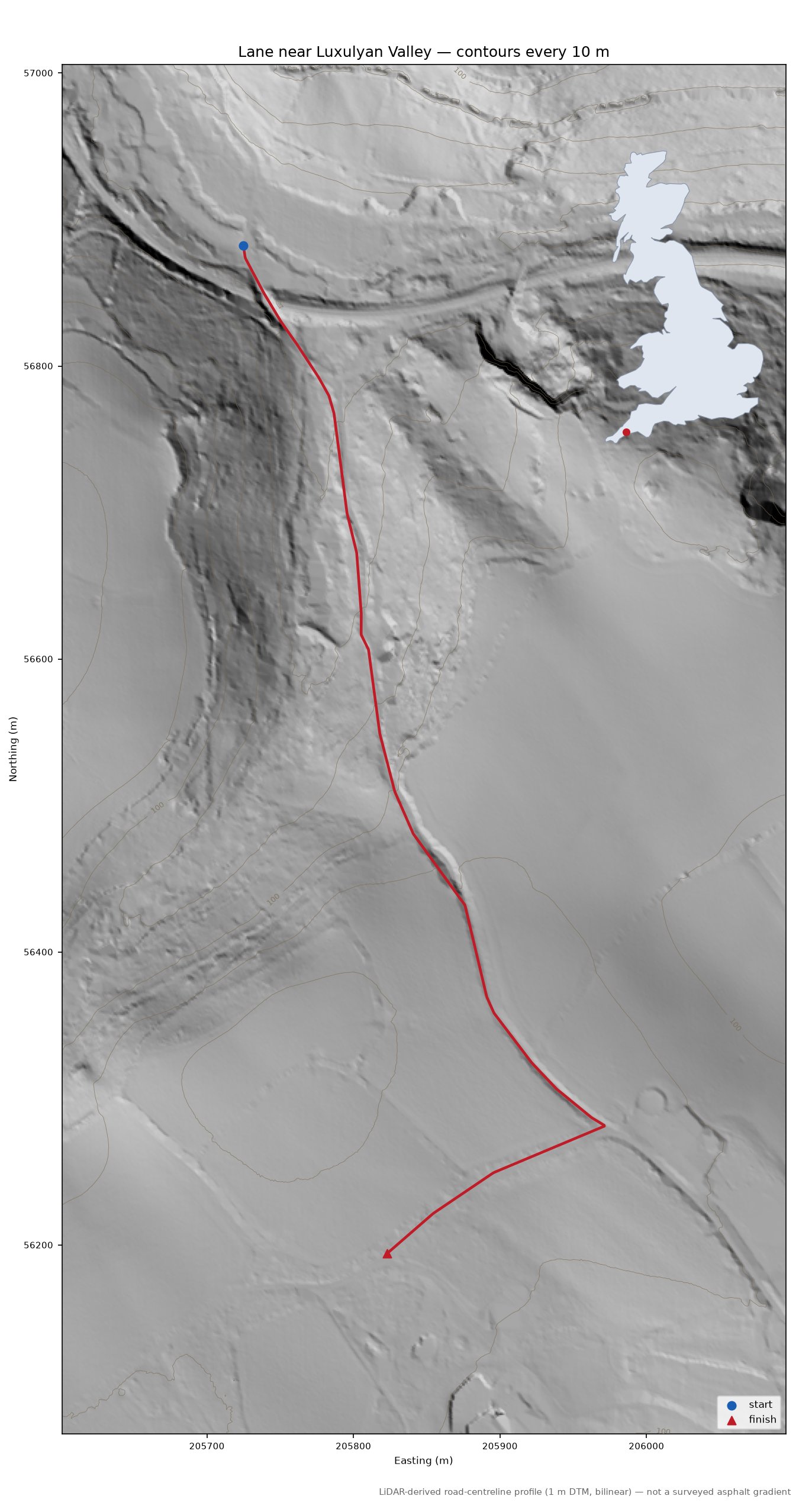 Lane near Luxulyan Valley LiDAR hillshade map with contours