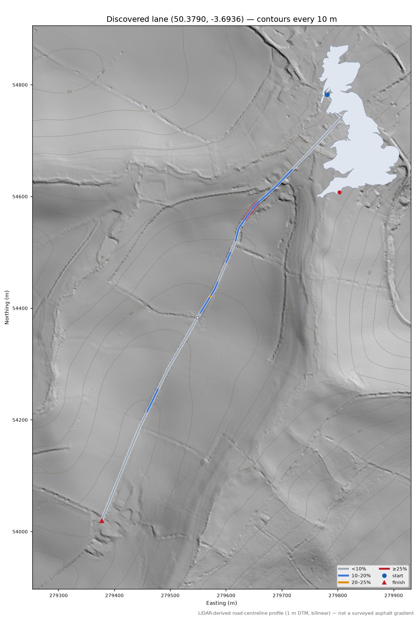 Discovered lane (50.3790, -3.6936) LiDAR hillshade map with contours