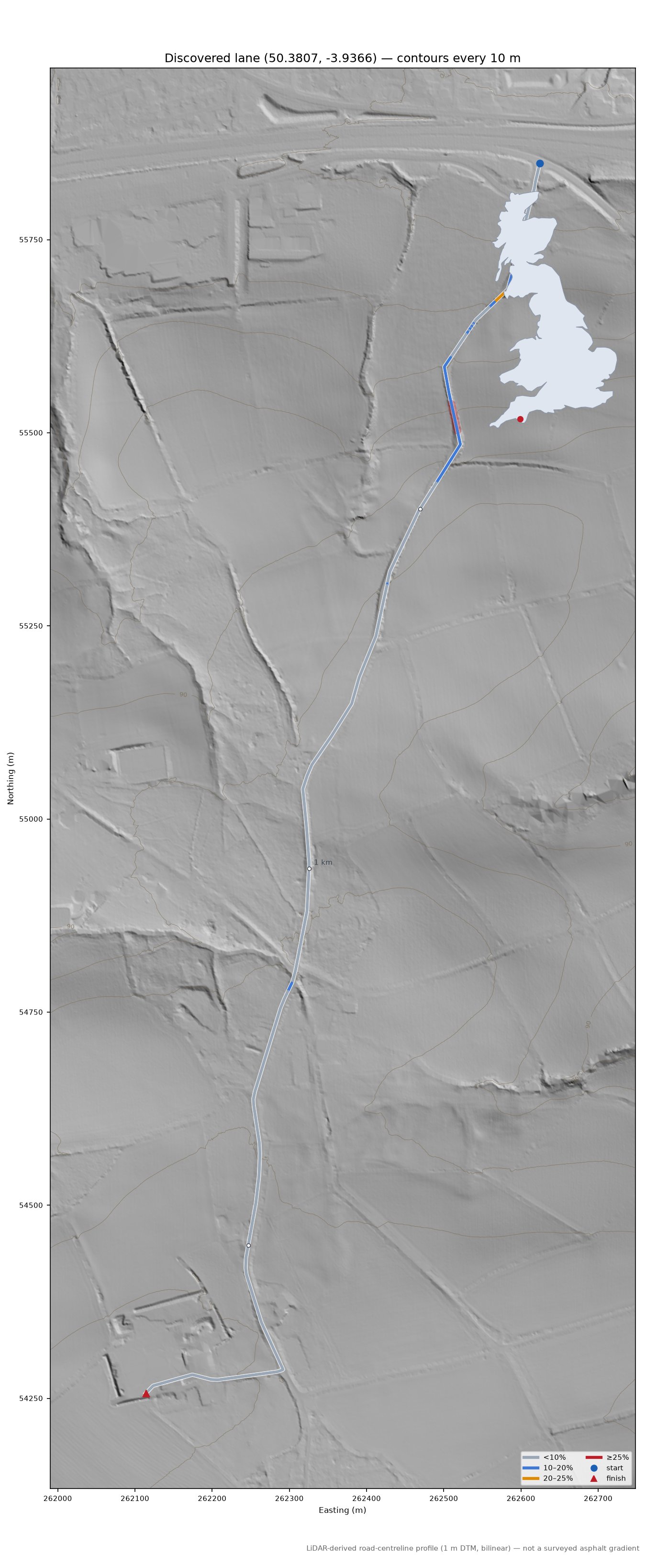 Discovered lane (50.3807, -3.9366) LiDAR hillshade map with contours