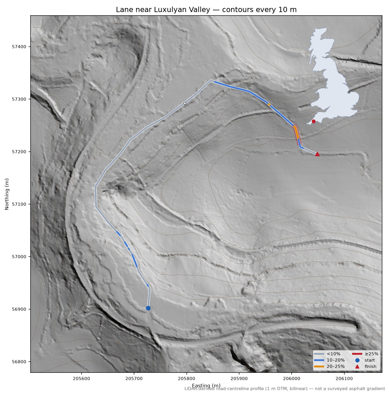Lane near Luxulyan Valley LiDAR hillshade map with contours