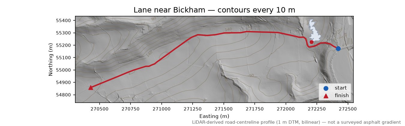 Lane near Bickham LiDAR hillshade map with contours