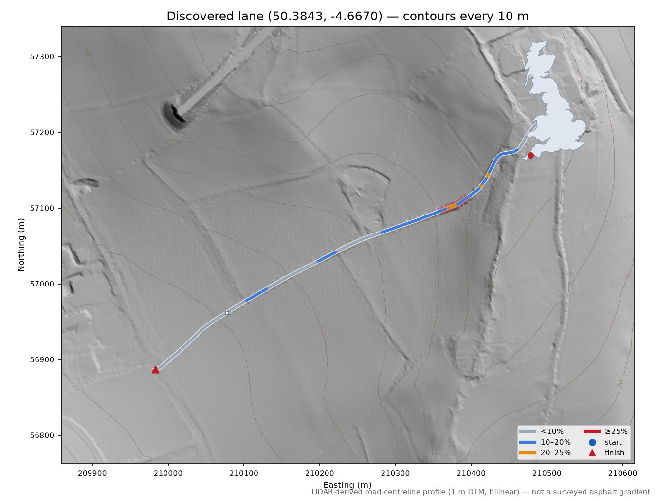 Discovered lane (50.3843, -4.6670) LiDAR hillshade map with contours