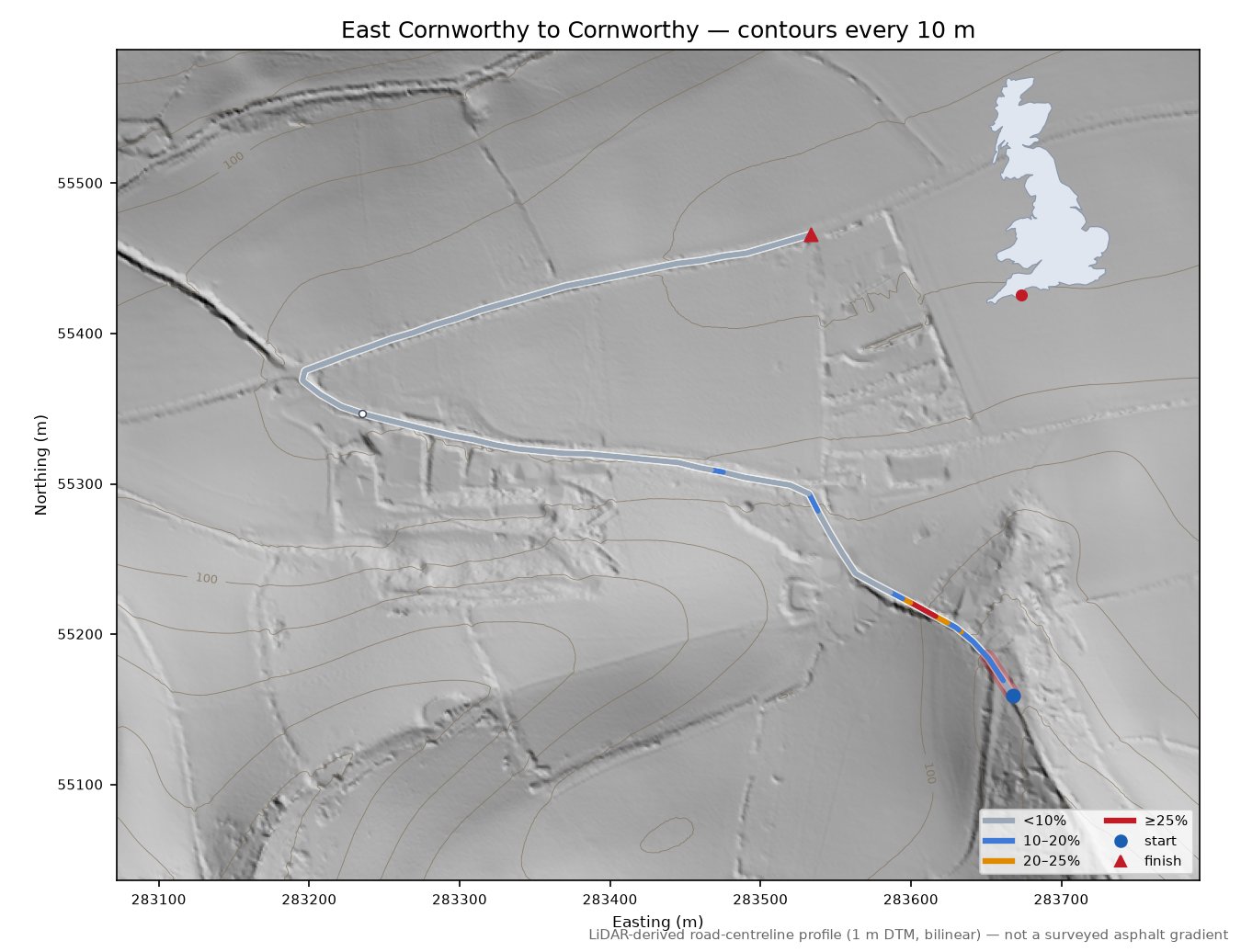 East Cornworthy to Cornworthy LiDAR hillshade map with contours