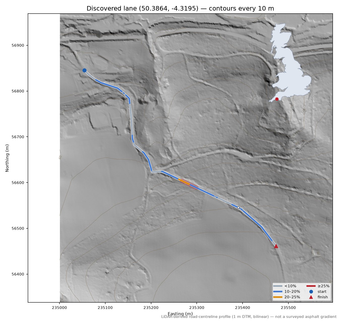 Discovered lane (50.3864, -4.3195) LiDAR hillshade map with contours