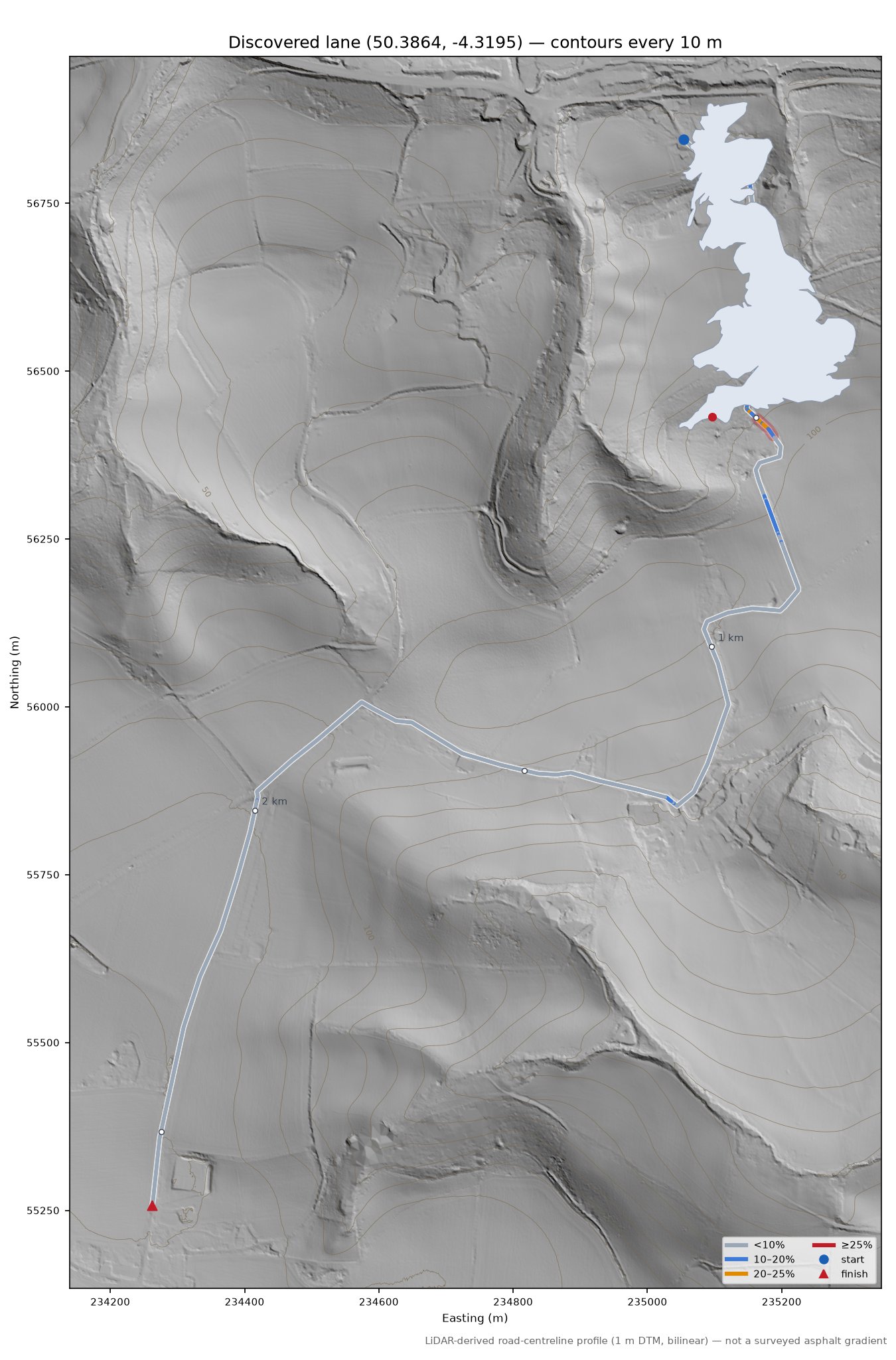 Discovered lane (50.3864, -4.3195) LiDAR hillshade map with contours