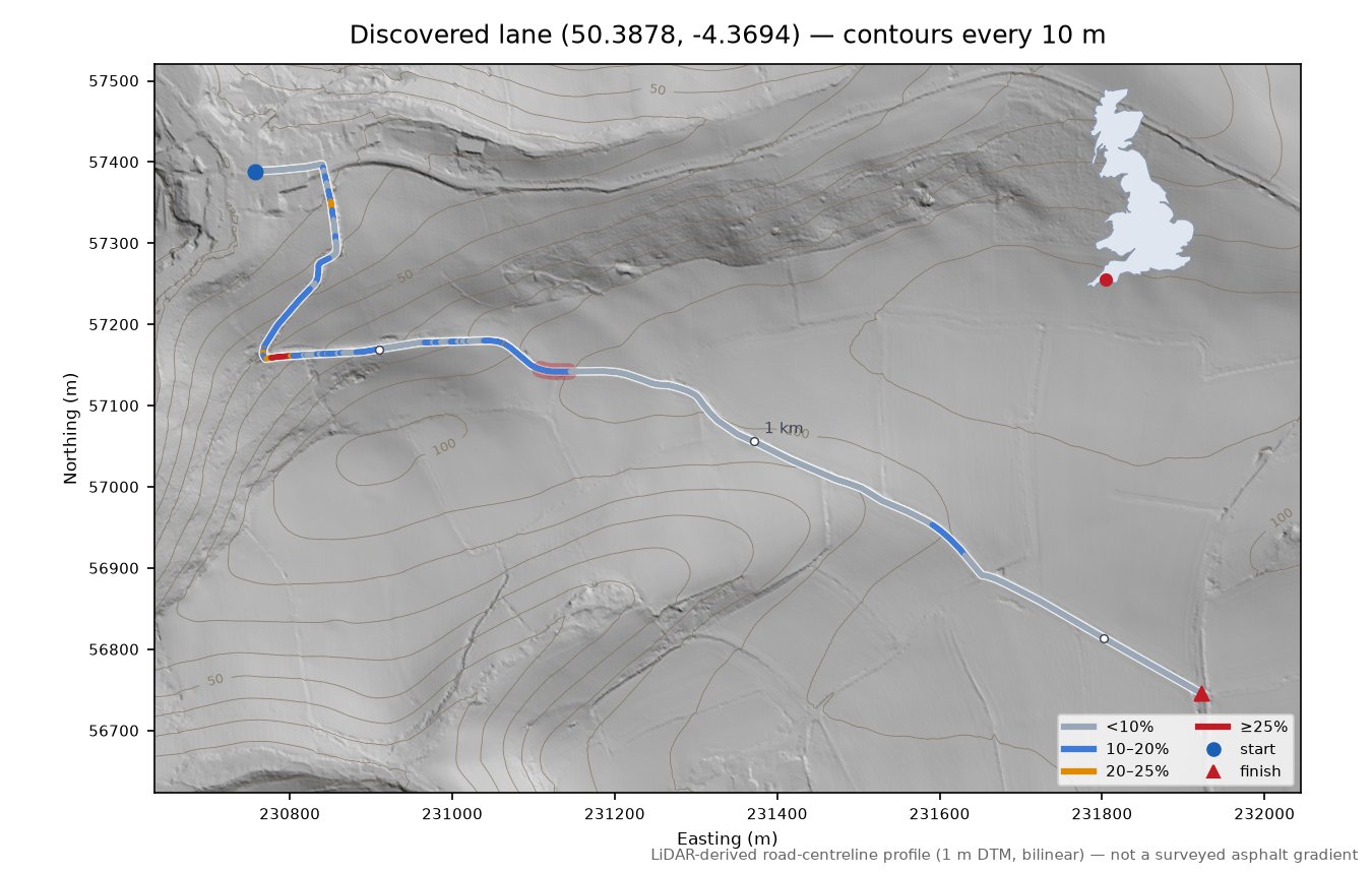 Discovered lane (50.3878, -4.3694) LiDAR hillshade map with contours