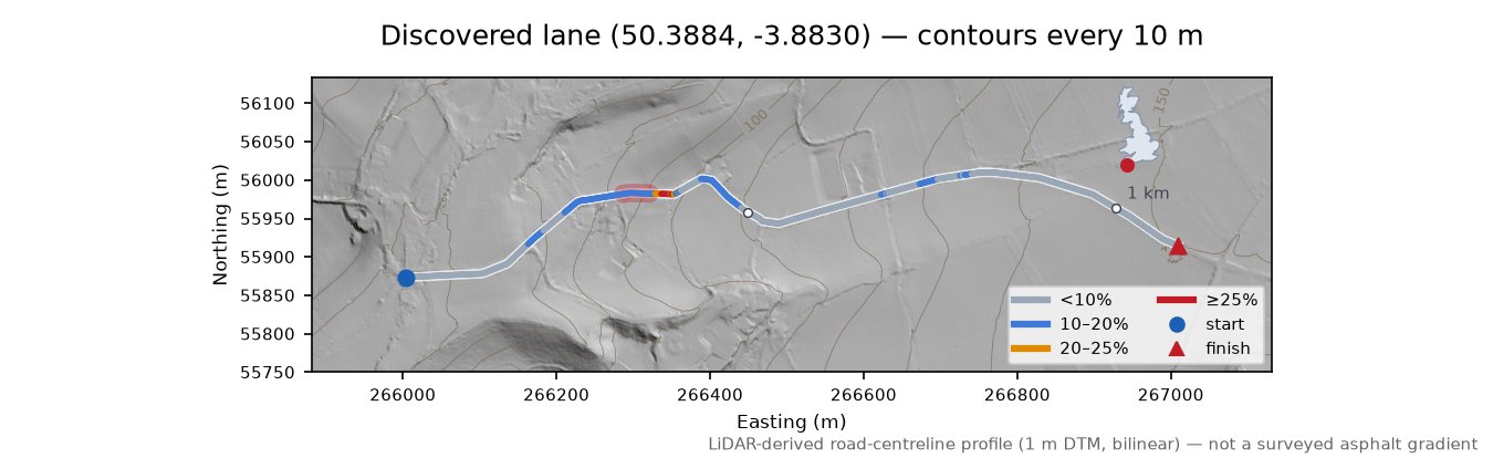 Discovered lane (50.3884, -3.8830) LiDAR hillshade map with contours