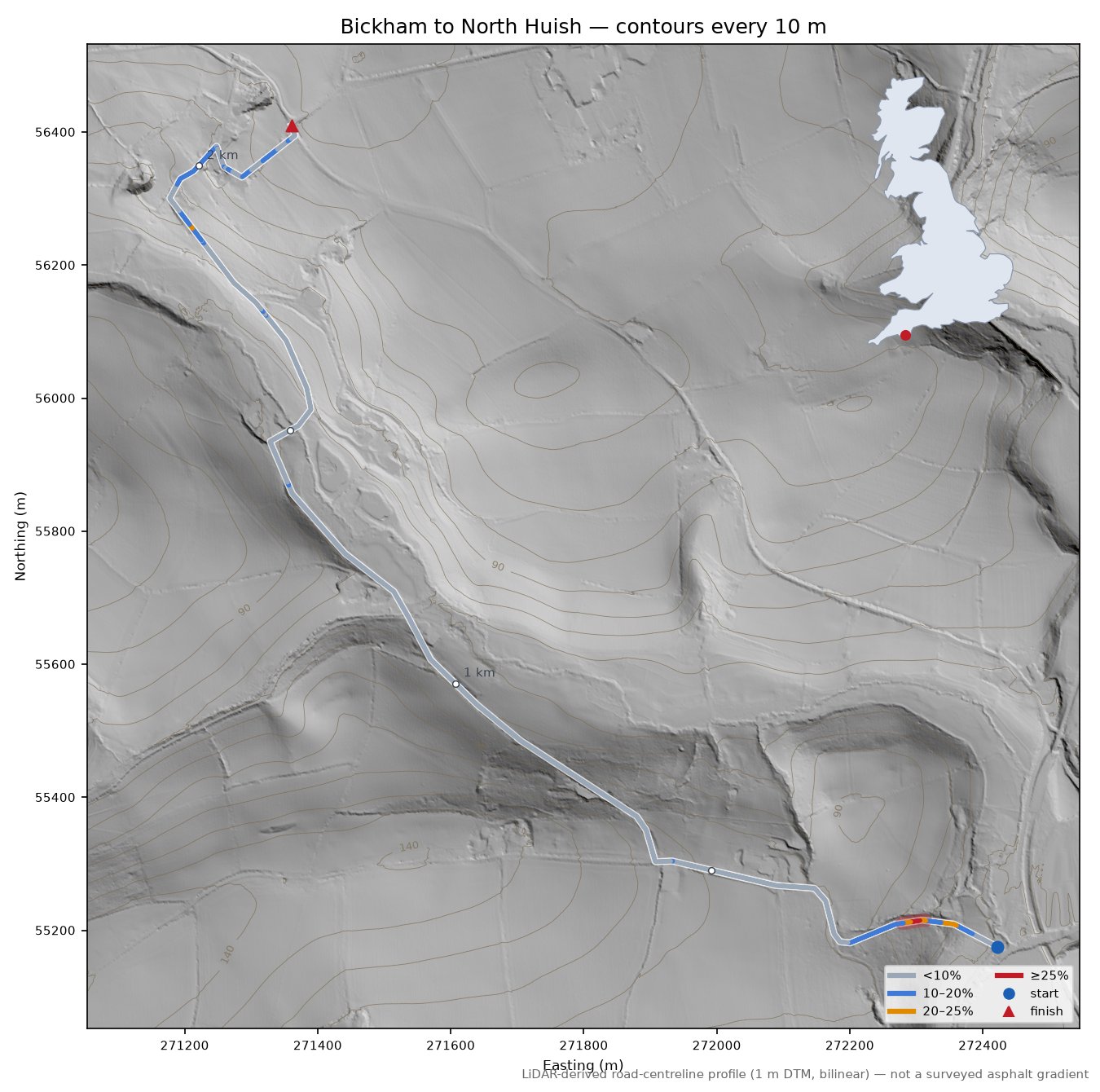 Bickham to North Huish LiDAR hillshade map with contours